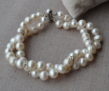 Perfect Pearl Jewellery,2Rows 7.5inches 7-8mm White Rhinestone Potato Freshwater Pearl Bracelet,Magnet Clasp 2024 - buy cheap