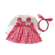 Fake two pieces Spring Girls Clothes Long Sleeve Plaid Dress Toddler Baby Sling Strip Outfits Headband Set 2024 - buy cheap