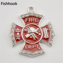 Fishhook 10pcs/lot Zinc Alloy Rhodium Plated Single Side Fire Dept Badge Red Enamel Crystals Pendant for Jewelry Making 2024 - buy cheap