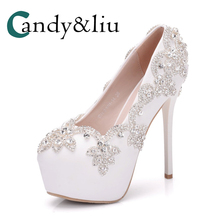 Cristal branco sapatos de casamento tamanho grande super salto alto deslizamento-em bombas femininas com plataforma para festa banquete vestido de noite 2024 - compre barato