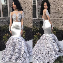 Gorgeous Rose Flowers Mermaid Prom Dresses 2019 Appliques Sheer Long Sleeve Evening Gown Silver Stretchy Satin robe de soiree 2024 - buy cheap