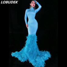 New Arrival Blue Beads Elegant Evening Feathers Mermaid Dress Birthday Celebration Long Dress Plus Size Singer Spring Dresses 2024 - buy cheap