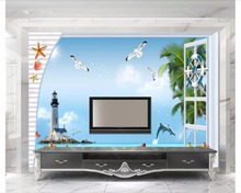 Papel de parede com foto personalizada 3d, mural novo mar do mar mediterrâneo, paisagem marítima, fundo de parede, árvore, farol do céu azul 2024 - compre barato