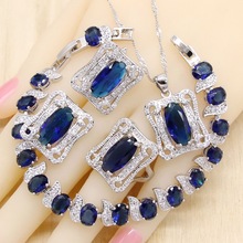 Conjuntos de joyas de boda de Color plateado para mujer, pulsera de circonita Azul Real, pendientes, collar, anillo colgante, regalo de cumpleaños 2024 - compra barato