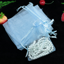 Venta al por mayor 100 unids/lote, bolsas pequeñas de Organza azul claro dibujables 9x12 cm, bolsas de embalaje de regalo de boda Favor, bolsas de embalaje de joyería 2024 - compra barato