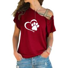 Прямая поставка 2020 футболка с изображением собачки кошки лапы сердца Женская модная футболка Топы с перекрещивающимися плечами Асимметричная футболка с короткими рукавами 2024 - купить недорого