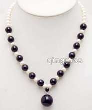 6-7mm Natural White Pearl & 8mm Black Stone and 18mm Black beads Pendant 17" necklace-ne5994 Wholesale/retail 2024 - buy cheap