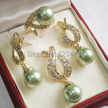 Collar con colgante de perlas de concha verde, conjunto de anillo y pendientes AAA de 12mm, venta al por mayor,> 1Set 2024 - compra barato