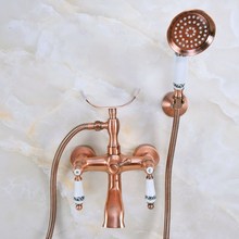 Antique Red Copper Brass Double Ceramic Handles Wall Mounted Bathroom Clawfoot Bathtub Tub Faucet Mixer Tap w/Hand Shower ana376 2024 - buy cheap