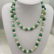 LJHMY-Cadena de ágata verde Natural, collar largo de 30 pulgadas, Perla blanca de agua dulce 2024 - compra barato