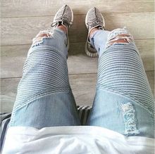 Джинсы мужские рваные прямые из денима, дизайнерские брюки в стиле хип-хоп, облегающие байкерские джинсы скинни, Синие рваные, 28-38 2024 - купить недорого