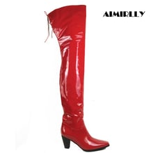 Women Ladies Square Toe Block Heel Over the Knee Boots Ankle Zipper Top Tied Red Patent Leather Winter Long boots Clubwear Dress 2024 - buy cheap