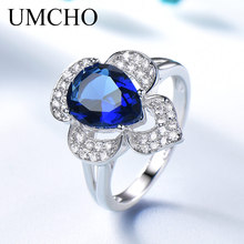 UMCHO Genuine 925 Anel de Prata Esterlina Gemstone Anéis de Safira Azul para As Mulheres Festa de Casamento de Halo Engagement Presente Da Jóia para Ela 2024 - compre barato