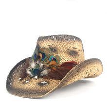 Women Straw Hollow Western Cowboy Hat Lady Handmade Peacock Feather Sombrero Hombre Beach Cowgirl Jazz Sun Hat Size 56-58CM 2024 - compre barato