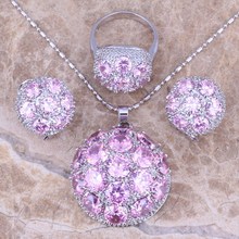 Conjunto de joias banhadas a prata de zircônia cúbica rosa galant, brincos, pingente, tamanho 6 / 7 / 8 / 9 / 10 s0024 2024 - compre barato