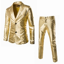 Mens Shiny Gold Coated Metallic Suits Blazer with Pants Slim Fit Night Club 2 Piece Suit ( Jacket+Pants) Perform Stage Costumes 2024 - buy cheap