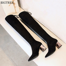 Ботфорты BIGTREE женские, тонкие однотонные Черные Сапоги выше колена, заостренный носок, высокий каблук, модные длинные сапоги, 7 см, для осени 2024 - купить недорого