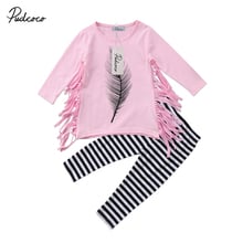 Citgeett Toddler Kids Baby Girls Tassel Fur Feather Top Pink Long Sleeves Striped Pants Leggings Outfits Set Casual Clothing 2024 - buy cheap