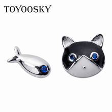 TOYOOSKY Black Cat Fish Asymmetric Earring 925 Sterling Silver Lovely Hypoallergenic Asymmetric Animal Stud Earrings Cute Jewelr 2024 - buy cheap