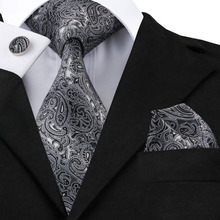 Hi-Tie Mens Gray Black Paisley Tie Hanky Cufflinks Sets 100% Floral Silk Ties for Men Formal Wedding Party Groom  2024 - buy cheap