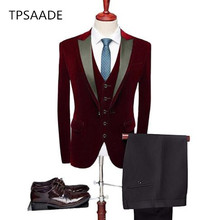 The latest brand high quality custom Burgundy velvet men's suit groom slim fit tuxedo bride groom suit dance party 3pcs 2024 - buy cheap