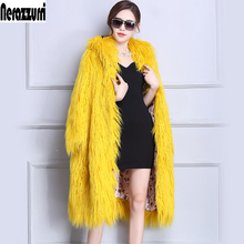 Nerazzurri Faux Fur Coat Winter Women 2018 With Hood Long Yellow Hairy Furry Fake  Overcoat Oversized Loose Fluffy Outerwear 2024 - buy cheap