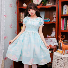 Mori Girl Summer Lace Dress Lolita Sweet Ruffles Sky Blue Striped Puff Sleeve Beach Dress Empire Princess Knee-length Woman Dres 2024 - buy cheap