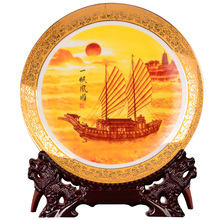 Golden Pine And Crane Ceramic Plate Ceramic Ornamental Plate Decoration Plate Wood Base Porcelain Plate Set Wedding Gift 2024 - buy cheap