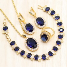 Conjuntos de joyería de Color dorado, pulsera de circonia cúbica azul, pendientes, colgante, cadena, collar, anillo para mujer 2024 - compra barato