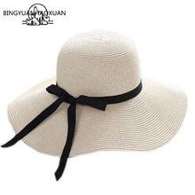 BINGYUANHAOXUAN Summer Hats for Women Chapeau Femme Sun Beach Hat Panama Straw Hat Width Ribbon Bow Black Visor Bone Cap Female 2024 - buy cheap