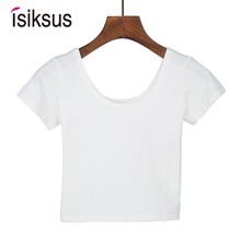 Isiksus camiseta feminina de verão, camiseta de algodão, feminina, lisa, manga curta, casual, gola redonda, top crop preto, branco para mulheres ts007 2024 - compre barato