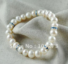 Charming Pearl Bracelet AA 8-9MM White Freshwater Pearl &blue Rhinestone white Rondelles Pearl Jewelry 7.5inch New Free Shipping 2024 - buy cheap