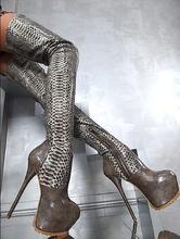 Botas femininas plataforma alta em couro legítimo 2017, sapatos sensuais de ponta fina, couro esticável sobre o joelho, botas stiletto para mulheres 2024 - compre barato