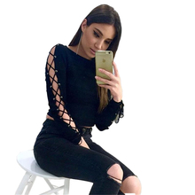 Hot Fashion Women Girls Bandage Long Sleeve Solid Black Short T-shirt Casual Crop Tops Tee 2024 - buy cheap