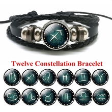 Men Constellation Bracelet 12 Zodiac Signs Glass Cabochon Bucket Charm Leather Bracelets Boyfriend Gifts for Birthday 2024 - buy cheap