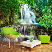 Auto-adesivo à prova d3d água papel de parede da lona 3d verde madeiras cachoeiras belo cenário foto murais de parede sala tv adesivos 2024 - compre barato