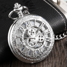 Relógio de luxo de prata masculino, engrenagem romana, números, oco, mecânico, de bolso, único, esqueleto, steampunk, com corrente de relógio fob 2024 - compre barato