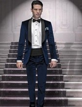 Velvet Groomsmen Shawl Black Lapel Groom Tuxedos Navy Blue Men Suits Wedding Best Man (Jacket+Pants+Bow Tie+Hankerchief) B904 2024 - buy cheap