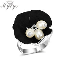 Mytys-anillos de flor negra de moda para mujer, sello de perlas blancas, plata brillante GP, anillo llamativo negro, regalo R2046 2024 - compra barato
