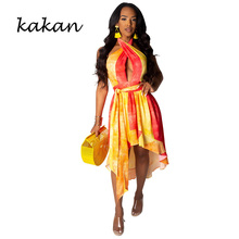 Kakan sexy halter hanging neck topless dress women's 2019 summer new best selling stitching print dress 2024 - buy cheap