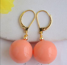 Free shipping 16MM ROUND PINK CORAL SOUTH SEA SHELL PEARL DANGLE EARRING 2024 - buy cheap