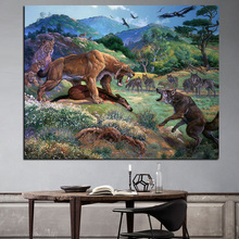 Print Saber Tooth Tiger with Wolf Eagle Oil Painting on Canvas Modern Landscape Wall Picture for Living Room Sofa Cuadros Decor 2024 - buy cheap