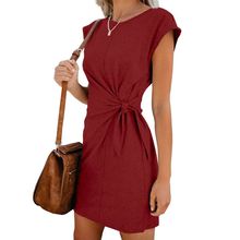 Mulheres de manga curta verão solto casual mini vestido laço até gravata cintura cor sólida o-pescoço twist knot plain t camisa festa sundress 2024 - compre barato