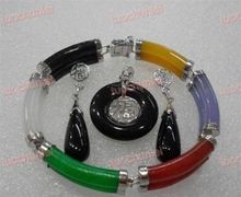 Wholesale price 16new ^^^^Multicolor stone Link Bracelet Black stone Lucky Pendant Necklace Earring set 2024 - buy cheap