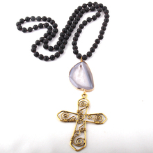 MOODPC Fashion Bohemian Jewelry Lava Stone Long Knotted big Druzy Link Cross Pendant Necklaces 2024 - buy cheap