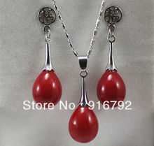 free shipping >>>>>Stunning red shell pearl 14x16mm teardrop pendant necklace Set Silver 2024 - buy cheap