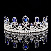 European Baroque Vintage Blue Bridal Crystal Crowns Headband Pearl Wedding Tiaras For Brides Women Hair Jewelry Accessories 2024 - buy cheap