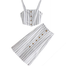 Set female 2019 summer new striped short camisole + high waist skirt temperament elegant two-piece fashion casual suit 2024 - buy cheap