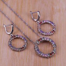Shinning Round Colorful CZ Crystal Pendant Jewelry Sets  Silver Color Pendant Necklace+Drop Earring Sets For Present 2024 - buy cheap