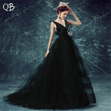 Bal Gown Open Back V-neck Tulle Flowers Formal Vintage Black Evening Dresses Bride Banquet Party Prom Dress XK24 2024 - buy cheap